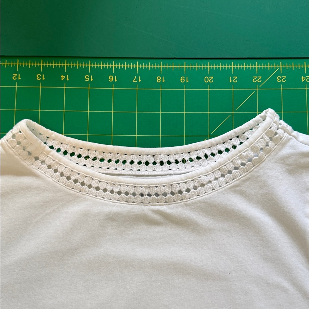 Appleseed's White 3/4 Sleeve Top with Crochet Detail at neck and sleeve, PM - Picture 2 of 11